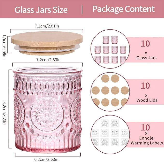 DARJEN 10 Pcs 8oz Glass Candle Jars with Lids, Candle Containers Tins-Pink | Premium Thick Glass, Secure Wooden Lids- Candle Jars for DIY Candle Making, Stunning Sunflower Design
