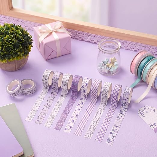 12 Rolls Floral Washi Tape Set,Purple,Lavender | Watercolor Flowers Design for Scrapbook Journal DIY Craft School Supplies, 15 mm Vintage Decorative Masking Washi Tapes