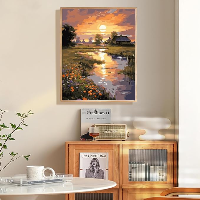 Framed Paint by Numbers Kit for Adults 16x20 Inch, Countryside Sunset | DIY Acrylic Painting by Numbers Riverside Cabin, With Frame Canvas, Stress Relief Craft Kits, For Home Decor Gift