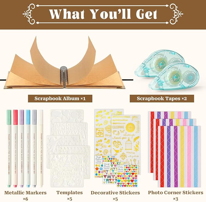 8 x 8 Inch Scrapbook Album 60 Pages with Scrapbooking DIY Kits. Window Photo Album with Scrapbook Tapes Stickers and Metallic Markers. Craft Memory Book for Wedding Baby Birthday Family Anniversary
