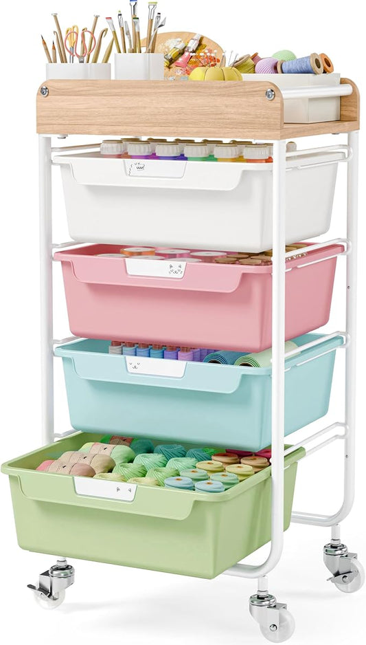 SYKIARIOL Rolling Craft Storage Cart with 4 Drawers,Kid Craft Cart,Colorful | Utility Cart with Drawers,Art Craft Organizers and Storage,Kids Art Cart With DIY Lable and Wooden Tabletop Area