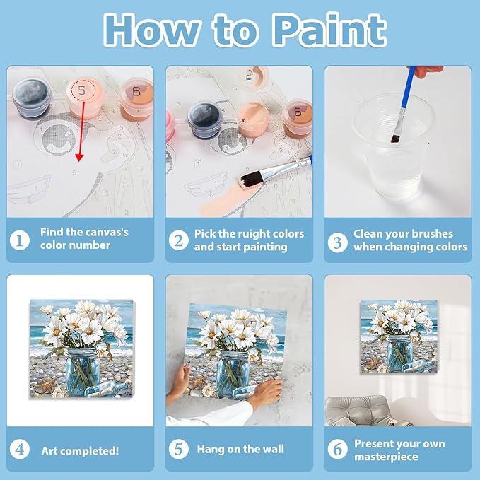 Flowers Paint by Numbers Kit for Adults Beginner, Paint by Numbers 10x10 in | Daisy Framed Paint by Numbers with Easel, Acrylic Painting by Numbers, DIY Arts and Crafts for Gifts or Home Decor