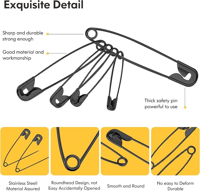 Huhuhero 160PCS Black Safety Pins for Clothes, 5 Assorted Sizes Pin Bulk