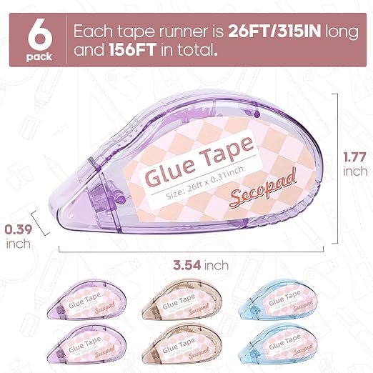 Secopad Scrapbook Tape, Glue Tape for Crafts, 6 Pack, Light-Colored Shell | 0.3IN x 26FT, Sticky & Safe, Double Sided Tape for Crafts, Scrapbooking Junk Journaling Supplies, For School Office Teachers