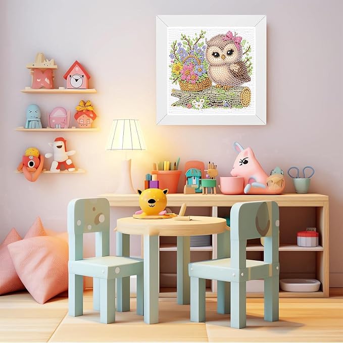 Ajepon Owl Diamond Art Kit for Kids, Ages 8-12, 7x7 Inch, Modern Style, Crystal Diamonds, Includes Canvas, Frame, Tools, Non-Foldable