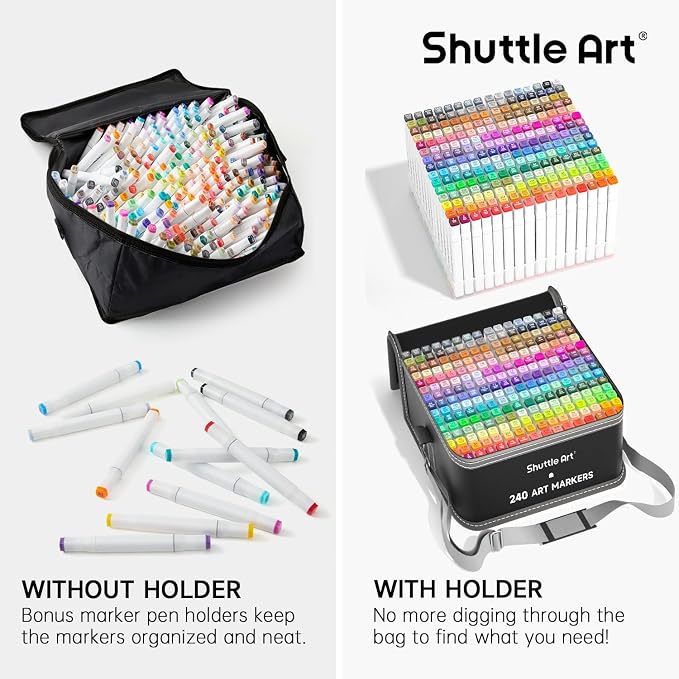 Shuttle Art 240 Colors Alcohol Markers, 239 Colors Dual Tip Art Marker Set Plus Colorless Blender, Micro-tip Pens, White Highlighter Pens, Marker Bag with Holders Perfect for Students Adults Coloring