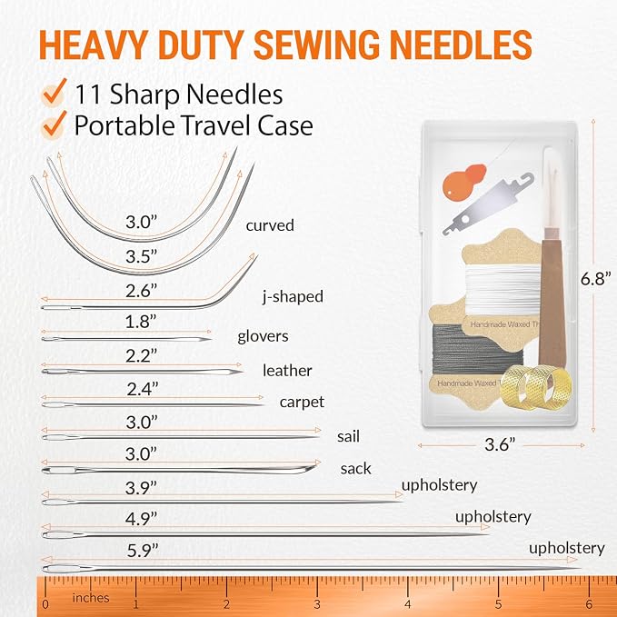 VONEEDL Upholstery Repair Kit: Waxed Sewing Thread (2 Colors: Black and White) & Heavy Duty Needles (11 PCS) for Leather, Canvas & Quilting Thread
