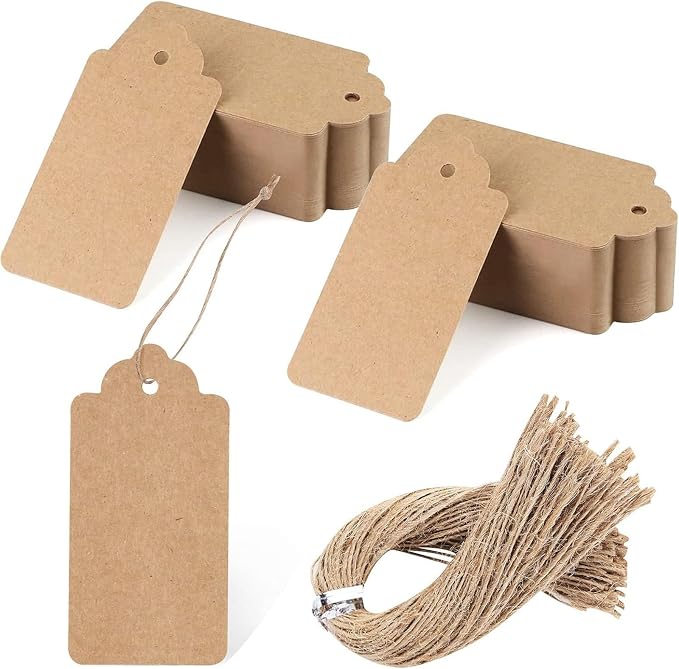 SallyFashion Large Kraft Gift Tags with String, 100 Pack 2 X 4 inch | Scalloped Edge, Natural Jute String, Pre-Punched Design, Retail Tags and DIY Bookmarks