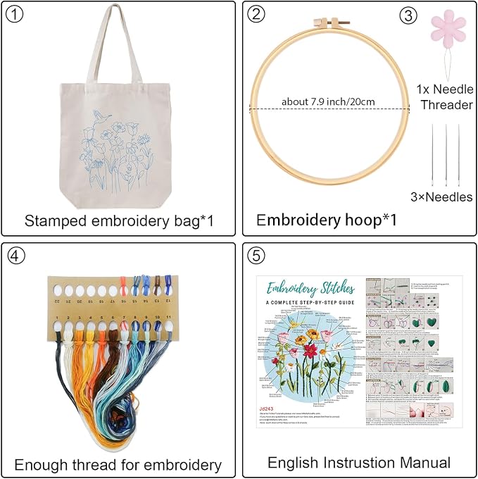 Louise Maelys Canvas Tote Bag Embroidery Kit, Hummingbird Floral Pattern