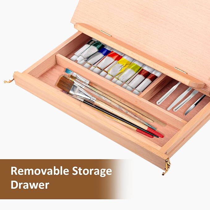 Adjustable Tabletop Sketchbox Easel with Storage Drawer & Palette | Portable Soild BeechWood Desk Easel for Beginner, Student, Artist, Hold Canvas up to 11" x 14"