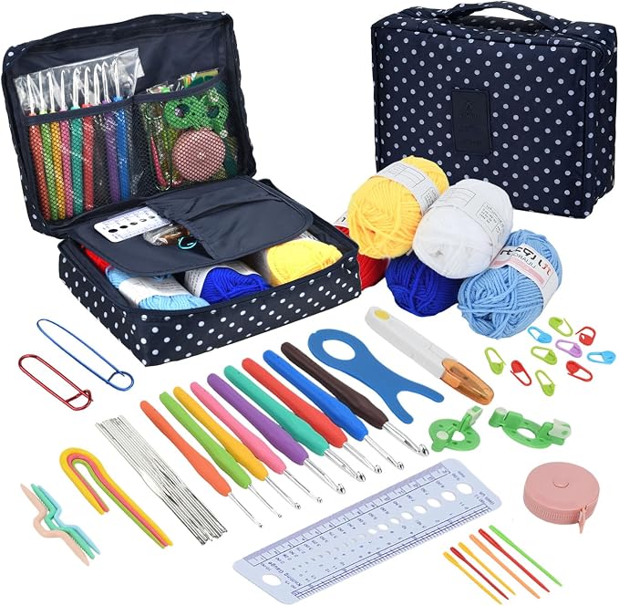 BJSSBJH Crochet Tools and Supplies Set, 57-Piece Crochet Hook Kit with Yarn and Accessories, Portable Craft Tool Kit for Adult Beginners and Experienced Crafters(B Style)