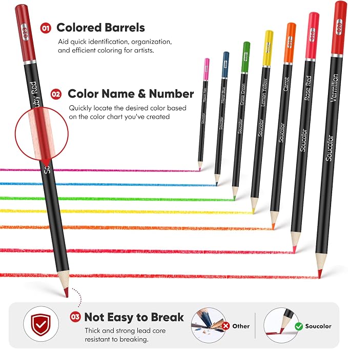 Soucolor 50 Colored Pencils -Colored Pencils Set for Adult Coloring Books | Break-Resistant Color Cores,Long-lasting vibrancy Colors,Smooth Writing,Easy Blending and Shading,Perfect for Coloring Books