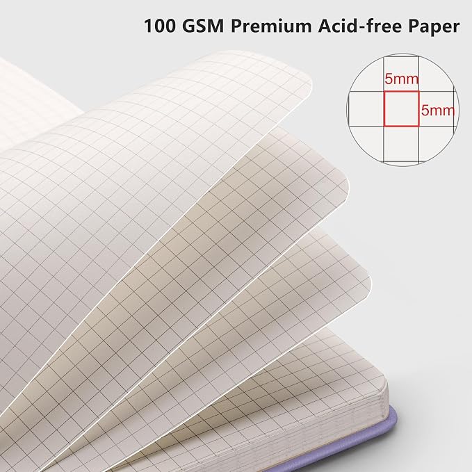 RETTACY Graph Grid Paper Notebook, 192 Pages, A5 Size (5.7'' x 8.3'') | 5 Squares per Inch, Leather Hardcover, 100 GSM Thick Paper, for School, Students, Math, Engineering (Purple)