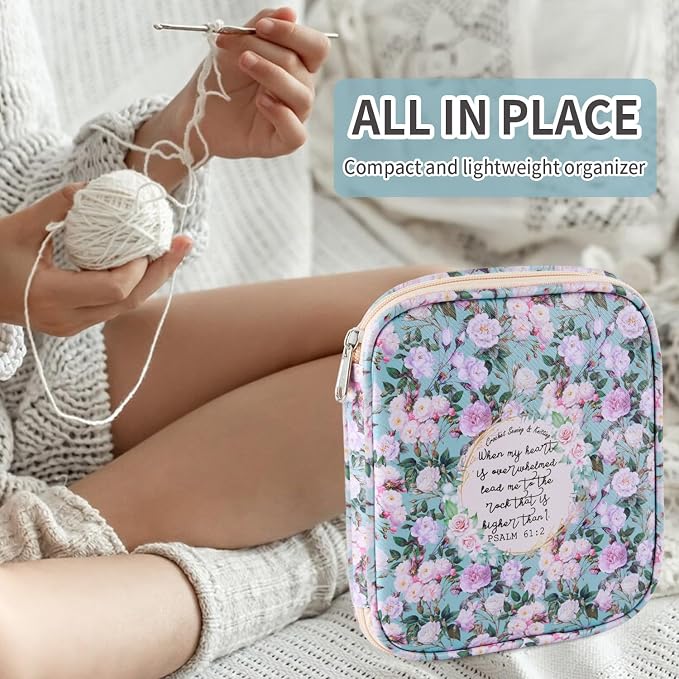 Crochet Hook Case, Portable Zipper Storage Organizer Bag for Crochet Needles/Knitting Accessories, Lightweight Crochet Hook Kit Tools, Easy to Hold(No Accessories Included). Green Rose