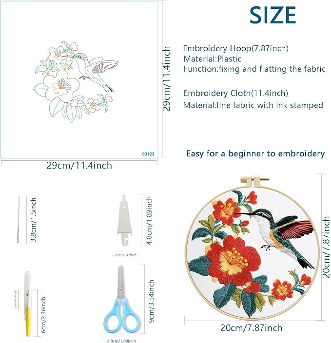 Zhenqing 3-Piece Hummingbird Embroidery Kit for Beginners, Floral Bird Needlework Set with Pre-Printed Cotton Fabric, Hoop, Threads & Tools, Nature Garden Wall Decor (C0168)