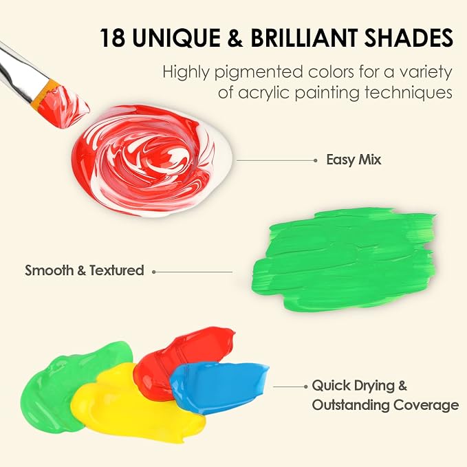 GOTIDEAL Acrylic Paint Set with 10 Brushes, 18 Colors (59ml, 2 oz) | Outdoor/Indoor Art Craft Paint, Non Toxic, for Hobby, Artist, Adults, for Canvas Wood Clay Ceramic Paint Supplies
