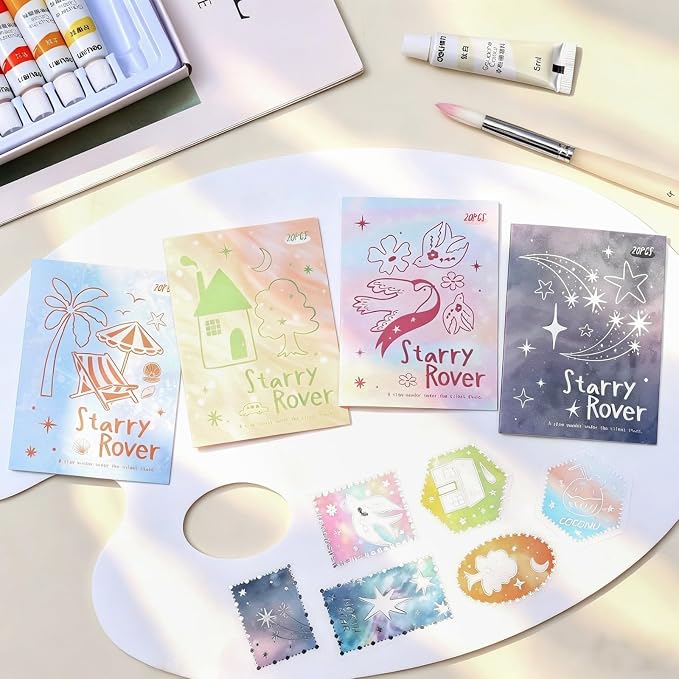 Doukado 80 Pcs Silver Foil PET Stickers, Watercolor Aesthetic Decals Set
