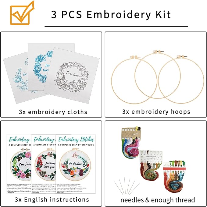 Nuberlic 3 Pack Funny Embroidery Kit for Beginners Adults