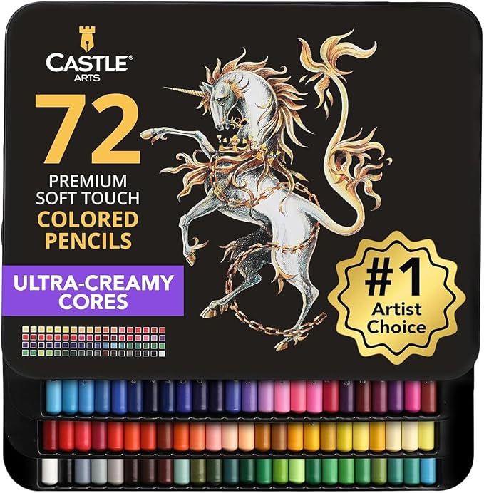 Castle Art Supplies 72 Colored Pencils for Adults - Soft Core Leads | For artists, professionals, and adult colorists - rich, creamy, velvety leads - organized in a presentation tin case