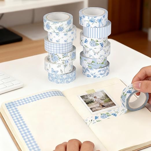 12 Rolls Floral Washi Tape Set,Blue,Rose | Watercolor Flowers Design for Scrapbook Journal DIY Craft School Supplies, 15 mm Vintage Decorative Masking Washi Tapes