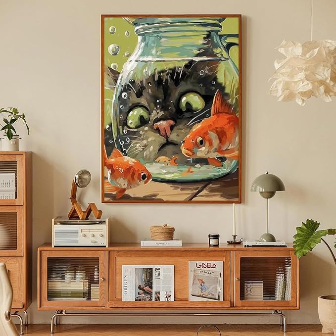 Fairyland JinWenn Curious Cat Fish Paint by Numbers Kit for Adults Framed Canvas Frameworkless