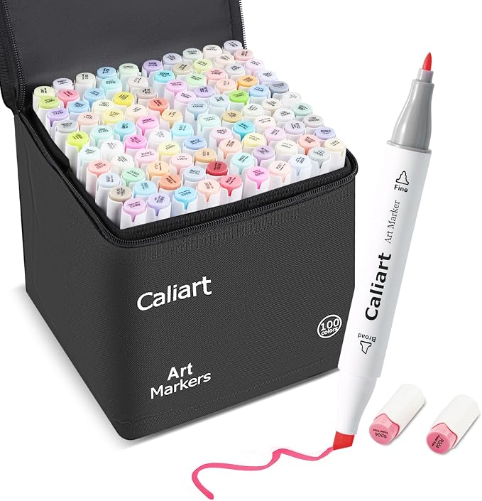 Caliart 100 Colors Pastel Alcohol Markers Fine & Chisel Art Markers Pens | Dual Tips Permanent Sketch Pens for Artists Drawing, Adults Coloring Books, Beginners Illustration, School Art Supplies Gifts