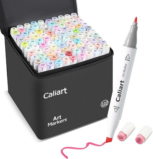 Caliart 100 Colors Pastel Alcohol Markers Fine & Chisel Art Markers Pens | Dual Tips Permanent Sketch Pens for Artists Drawing, Adults Coloring Books, Beginners Illustration, School Art Supplies Gifts