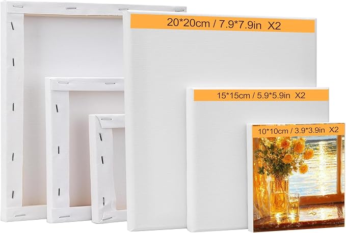 6-Piece Canvas Set for Painting – 11.8x7.9”, 7.9x5.9”, 5.9x3.9”, 7.9x7.9”, 5.9x5.9”, 3.9x3.9” Stretched Canvas Panels – White Artist Canvas Boards for Oil, Acrylic & Craft Painting (Model C)