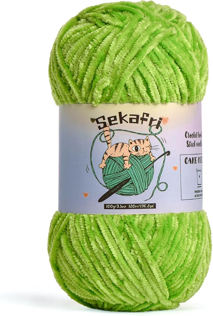 Fuzzy Chenille Yarn for Crocheting, Fluffy Amigurumi Crochet Yarn for DIY Craft/Hat/Shoes, (100g/197yds) Soft Velvet Baby Blanket Yarns（Lime Green）
