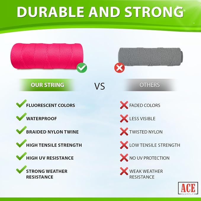 Fluorescent Pink String 500 Ft - #18 Neon Pink Twine - Nylon String Line for Mason Line, Construction, Leveling