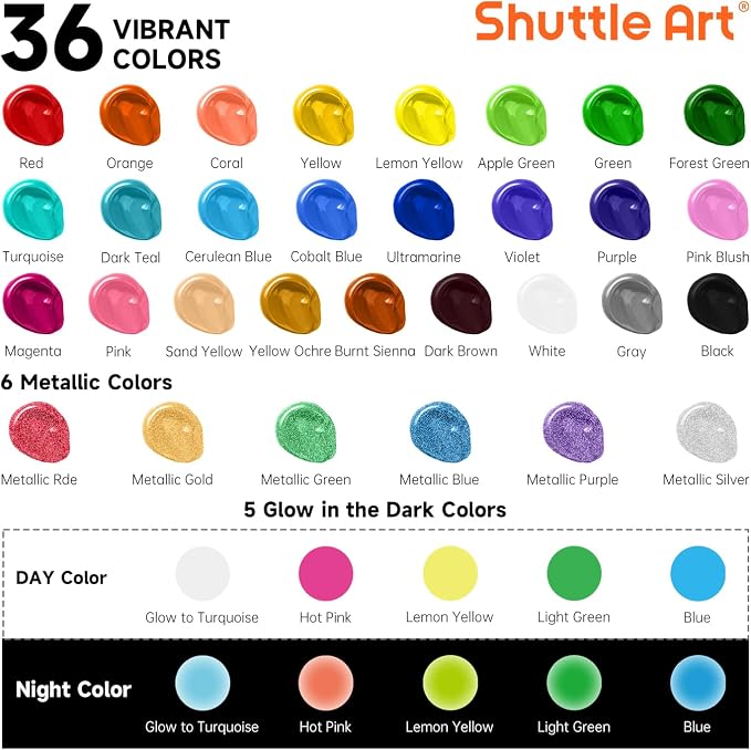 Shuttle Art Outdoor Acrylic Paint Set, 36 Colors 2oz/60ml Waterproof Acrylic Paint with 10 Brushes 1 Palette, Rich Pigmented Paints for Artists, Beginners on Rocks, Wood Crafts, Garden Statues