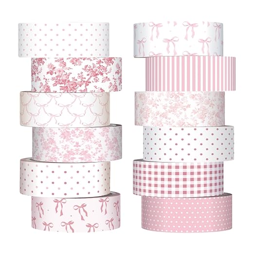 12 Rolls Floral Washi Tape Set,Pink,Bows and Polka Dots | Watercolor Flowers Design for Scrapbook Journal DIY Craft School Supplies, 15 mm Vintage Decorative Masking Washi Tapes