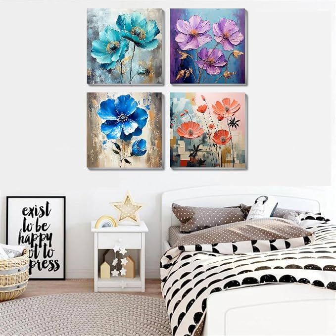 4 Pack Paint by Numbers Kit for Adults Beginners Framed - Flowers Adults Paint by Numbers Kits on Canvas with Paints and Brushes, Flowers Small Oil Paint by Number Kits for Home Decor 8 X 8 Inch