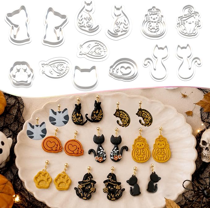 13 Pcs Black Cat Halloween Polymer Clay Cutters Set - Spooky Cat Silhouette & Imprint Cutters for Polymer Clay Jewelry Making, Gift for Cat Lovers, Friends & Family