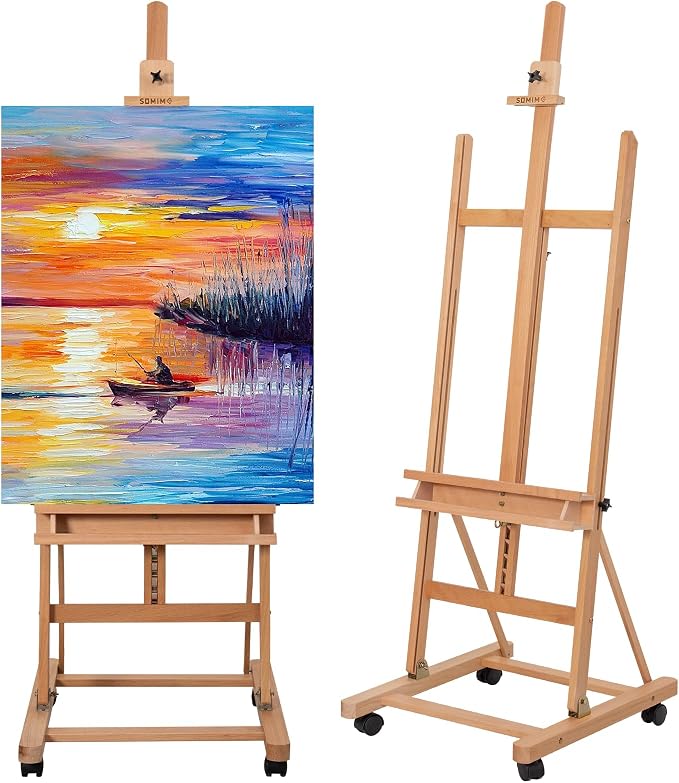 Beechwood H-Frame Artist Studio Easel with Wheels and Storage Tray, Natural