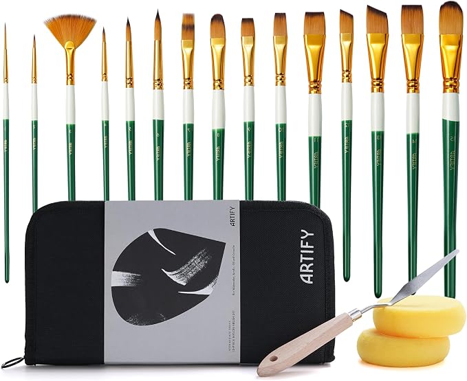 18 Piece Paint Brush Set, ARTIFY 15 Acrylic Paint Brushes, Palette Knife, and 2 Sponges, Professional Artist Paint Brushes for Acrylics, Watercolors, Gouache, Canvas, and Face Painting, Green