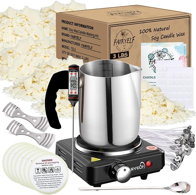 FAIRYELF 3lbs Soy Wax Candle Making Kit for Adults, DIY Craft Supplies Set | Natural Candle Wax Flakes, Electric Wax Melting Hot Plate, Melting Pot & Wick, Home Decorations for Handmade Scented Candles