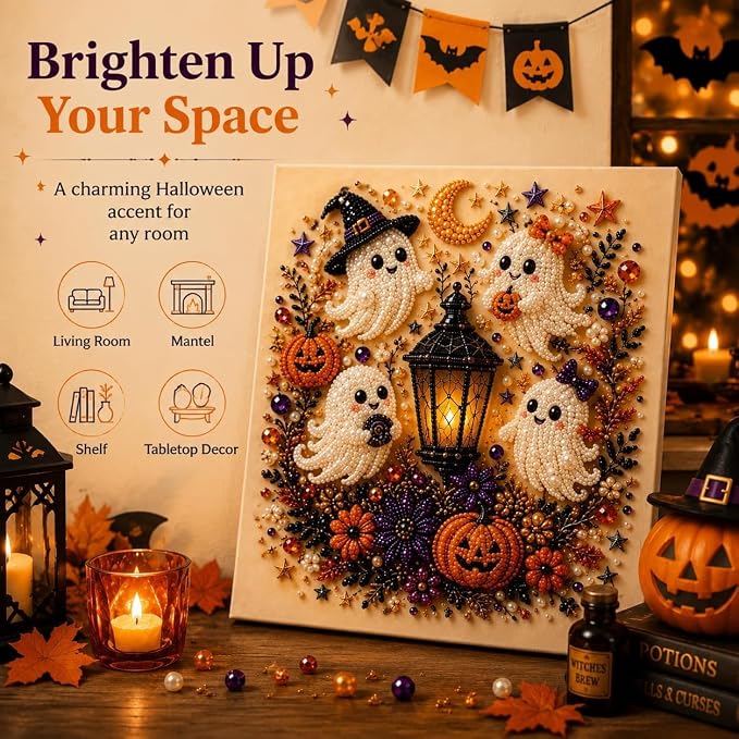 Halloween Pearl Art Kit, Cute Ghost 3D Diamond Art DIY Craft Kit with Resin Pearls, Spooky Cute 3D Diamond-Painting Crafts for Adults, Fall Home Decor Wall Art, Beginner DIY Seasonal Party Gift (#C)