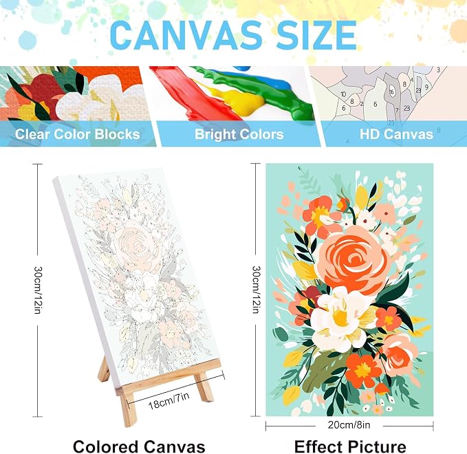 4 Pack Framed Paint by Numbers Kit for Adults with Wooden Easel, 8x12 Inch | Easy Flowers, DIY Acrylic Canvas Craft Kit with Frame for Beginners, Home Decor, Stress Relief Relaxing Hobby Gift