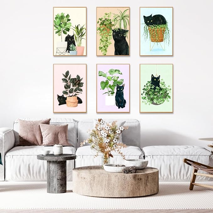 6 Pack Paint by Numbers Kit for Adults & Beginners, Black Cat & Green Plant | Paint by Number Kits on Canvas without Frame, 8x12 Inch, DIY Painting Kit for Home Wall Decor, Gifts for Women & Men