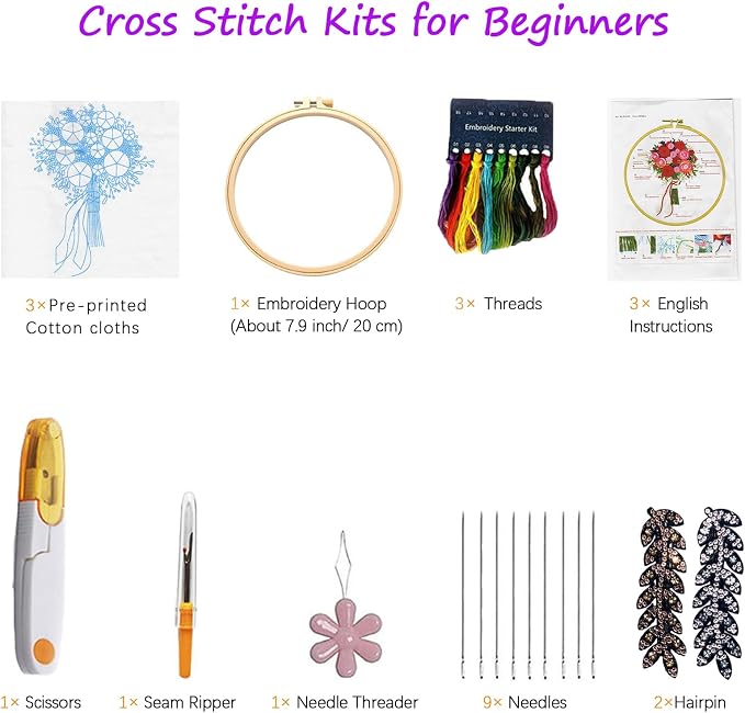 CHIYOSING Embroidery Kit for Beginners Adults, 3 Floral Pattern to Learn Over 30 Different Stitches,Includes Step-By-Step Instructions,Sharp Scissors and 2 Exquisite Hairpins and Multiple Accessories