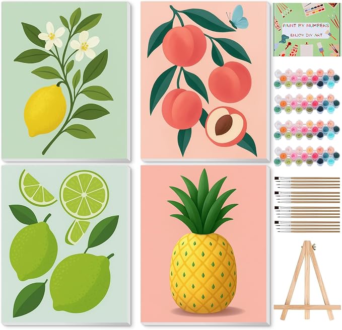 Qoosea Paint by Numbers Kit for Adults with Framed Canvas 4 Pack | Fruit Paint by Number Arts Kits for Beginner with Wooden Easel, Acrylic Set, Brushes for Home Decor, 9*12 Inch