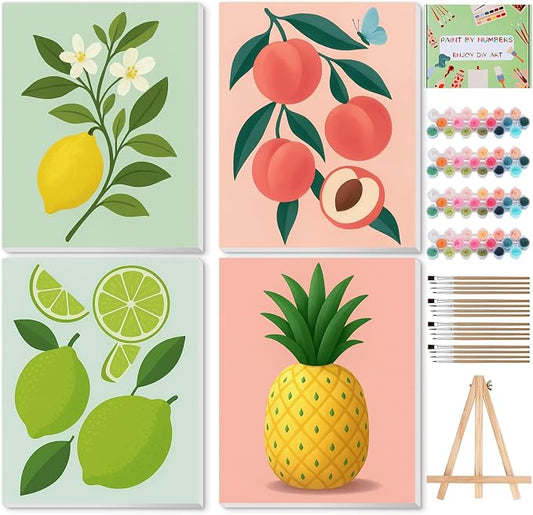 Qoosea Paint by Numbers Kit for Adults with Framed Canvas 4 Pack | Fruit Paint by Number Arts Kits for Beginner with Wooden Easel, Acrylic Set, Brushes for Home Decor, 9*12 Inch