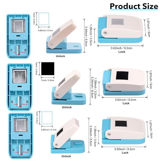 BAOFALI 3Pcs/Set 2 Rectangular Postage Stamp 1X0.8inch with 1" Square Punch Set, Scalloped Rectangle Lever Action Craft Punch for Paper Crafting Scrapbooking DIY Card Making Arts Crafts Supplies