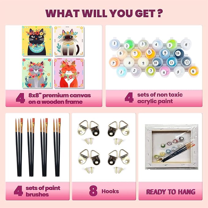 4 Pack Cat Paint by Number for Kids with Wooden Frame - Wooden Easel | Paint by Numbers for Kids Cats Ages 4-8-12, Easy Cat DIY Acrylic Oil Painting Kits for Home Wall Decor (8X8 inch)