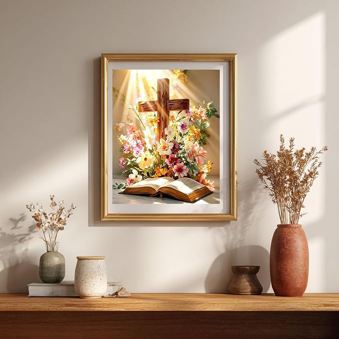 Gemozaic Cross Paint by Numbers Kit for Adults, Floral Book, 16 x 20 Inch | Religious Paint by Number, DIY Acrylic Painting by Number, Inspirational Gift for Christians, Home Church Wall Décor,Unframed