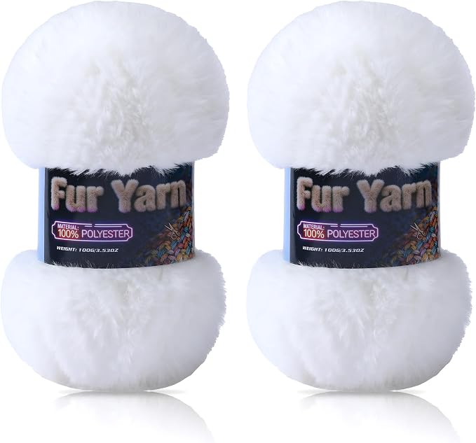 Faux Fur Yarn Soft Fluffy for Crocheting - 2 Skeins(Each 3.5oz/100g, 71yd/65m) - Chunky & Fluffy Yarn for Crochet Amigurumi, Blankets, Hand Knitting, Scarves &Crafts (2, White)