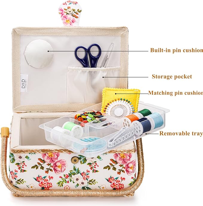 ZOOFOX Sewing Basket with Accessories, Wooden Sewing Kit Storage Box with Removable Tray, Vintage Sewing Kits Carrying Bag for Sewing Mending, Beginner, Professional, Floral Print, Gift for Christmas