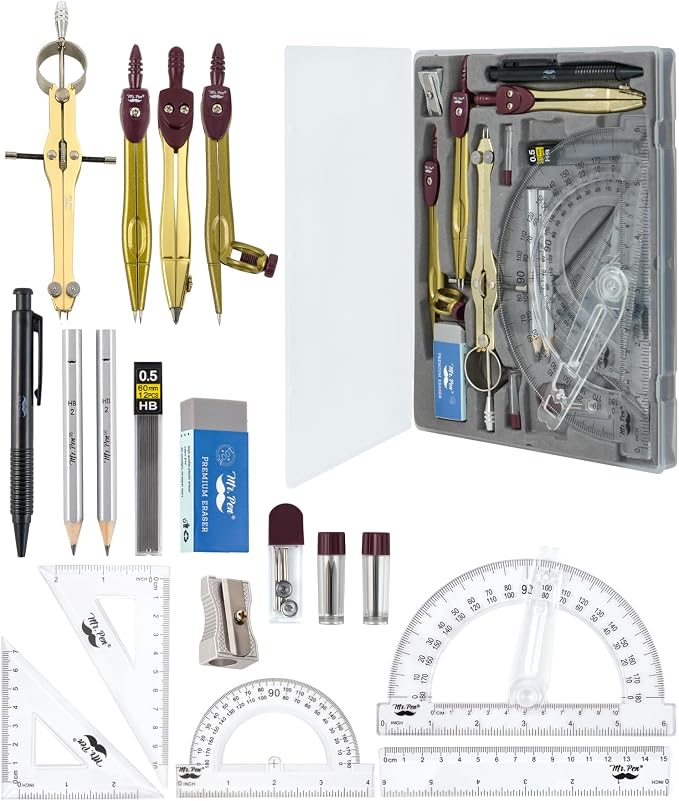 Mr. Pen- Geometry Set, 15 pcs, Gold, 6 Inch Swing Arm Protractor, Divider | Set Squares, Ruler, Compasses and Protractor