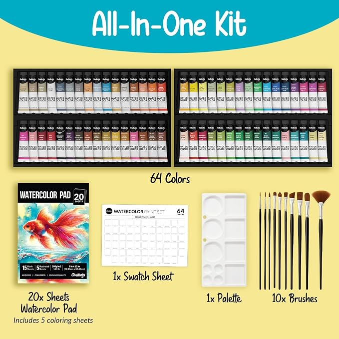 Chalkola 64 Water Color Paint Set for Adults, Kids & Professional Artists | 64 Watercolor Paint Tubes (12ml, 0.4oz), 10 Painting Brushes, 1 Palette & 20 WaterColor Pad - Vibrant Art Painting Supplies